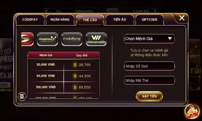 Nạp tiền Sunwin Chuyển tiền vào tài khoản cá cược Sunwin qua Thẻ cào chi tiết